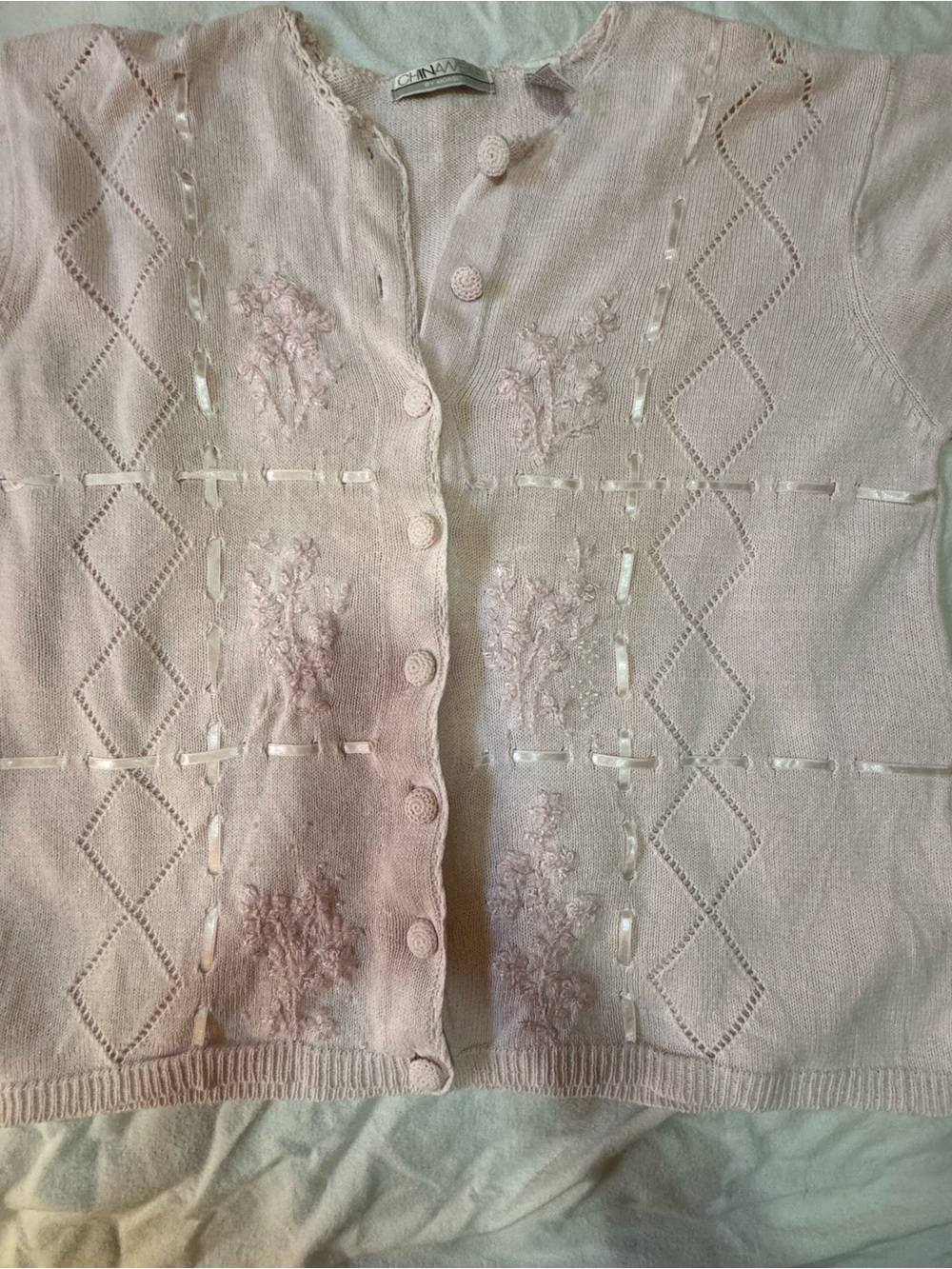 Vintage ChinaWear by Morsly 1X Pink Ramie Cotton Embroidered Knit Cardigan - Picture 5 of 6